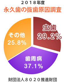 永久歯の抜歯原因調査。虫歯が原因で歯を失った方は30%を超えています！