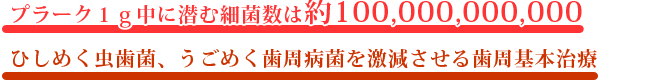 プラーク１ｇ中に潜む細菌数は約100,000,000,000 ひしめく虫歯菌・うごめく歯周病菌を激減させる歯周基本治療